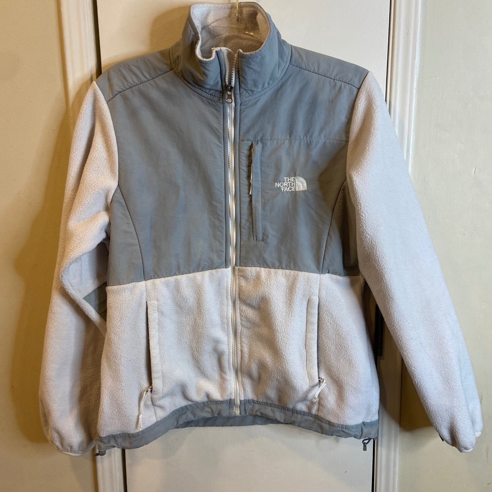 The North Face Denali Fleece Jacket Womens Medium Grey White Full Zip Mock Neck